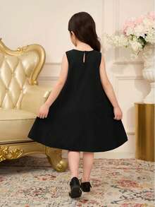 SHEIN Elladie kids 少女无袖优雅休闲蝴蝶结设计中长连衣裙 - 黑色 - 查看 2