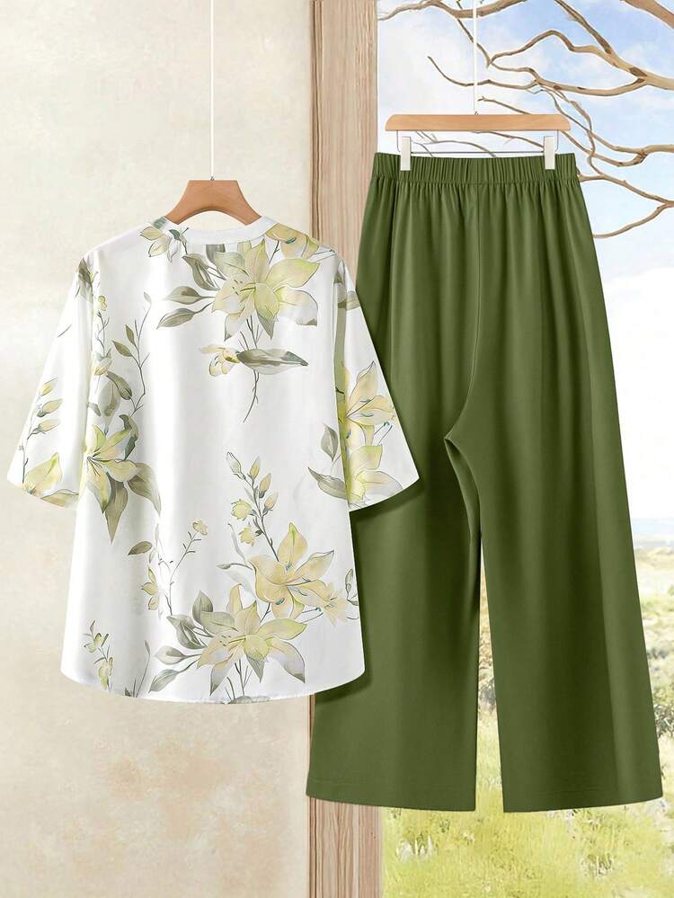 Plus Size Women Floral Print Button Short Sleeve Top And Wide Leg Pants Casual 2 Piece Set Vacation Outfits Women Holiday Outfits For Women Beach Vacation Outfits For Women Blouse And Pants Set Summer Pants Sets For Women Women Vacation Outfit Sets  Country Style For Women, Summer Outfits