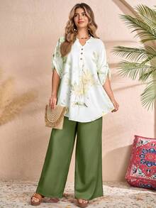 Rusticease 大码女式印花纽扣短袖上衣和阔腿裤休闲两件套 - 軍綠色 - 查看 3
