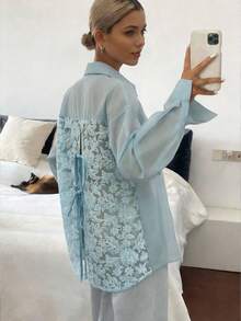 INAWLY Women's Loose Casual Shacket With Embroidered Fabric, Tie-Back Bowknot Design - Blue - View 1