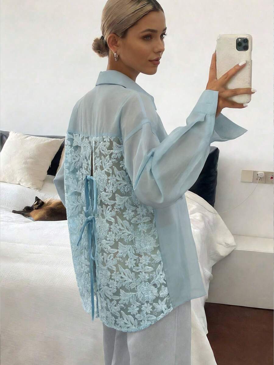 INAWLY Women's Loose Casual Shacket With Embroidered Fabric, Tie-Back Bowknot Design - Blue - View 1