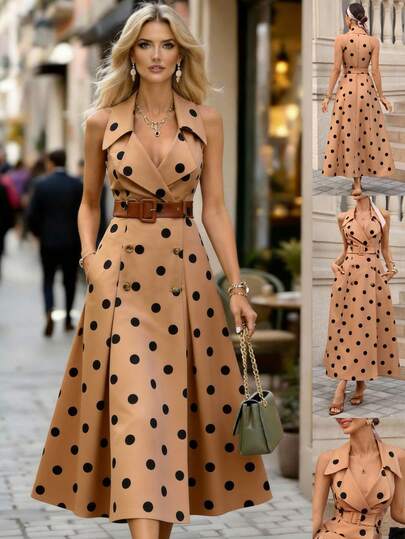 Editum Vestido elegante de mujer con cuello de solapa, doble botonadura y cintura, estilo francés/vacaciones/oficina con lunares, vestido línea A sin mangas, primavera/verano