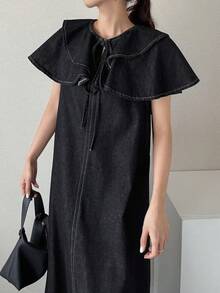 FRIFUL Women's Ruffle Tie Neck Loose Straight Casual Denim Dress - Blue - View 1