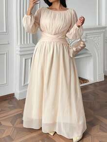 Vibekara Đầm dài đến mắt cá chân dáng chữ A, cạp cao, xếp ly, chất liệu chiffon Pháp thanh lịch, màu mơ, cỡ lớn. - Màu be - Xem 4