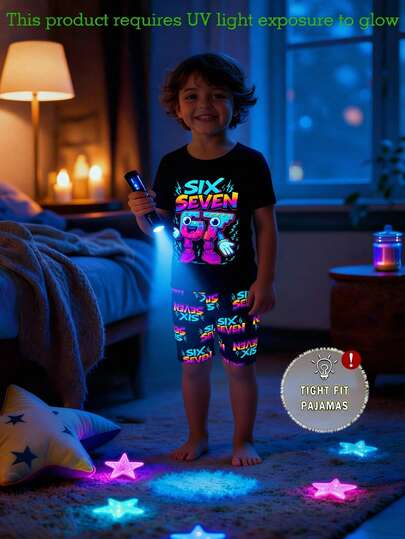 2pcs/Set Young Boys Glow-In-The-Dark Number 67 Print Pajamas, Snug Fit Short Sleeve Tee And Shorts, Lightweight And Comfortable, Suitable For Spring/Summer