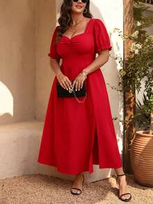 Elenzga Plus Size Vintage A-Line Dress With Puff Sleeves And Square Neckline - Red - View 4