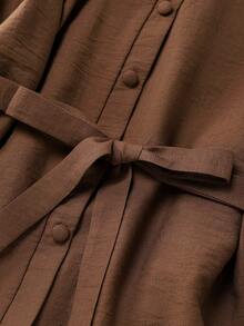 SHEIN Franclia V-Neck Ruffle Sleeve Button Tie Waist Women Blouse - Brown - View 5