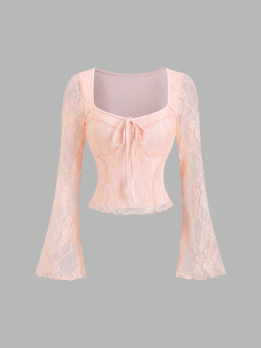 Sweetra 女士性感蕾丝蝴蝶结前领方领长袖上衣，休闲Y2K风格 - 淺粉色 - 查看 1