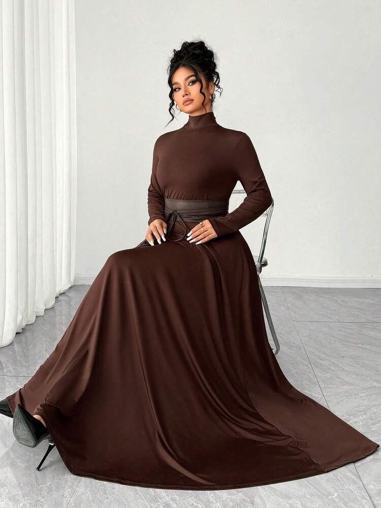 Elenzga فستان ماكسي طويل الأكمام مناسب للمرأة البدينة، ربيع/خريف، لون بني أنيق وفضفاض، ياقة عالية، متماسك، خط A في الخصر، مناسب للارتداء اليومي، الحفلات، التسوق، المهرجانات الموسيقية - قهوة بني - مشاهدة 4