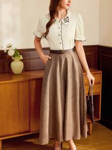 Vintamour Elegant Women's Coffee Brown Summer Tea Party Blouse,Vintage Floral Embroidery Peter Pan Collar Contrast Trim Button Casual White Top For Vacation - Beige - View 6