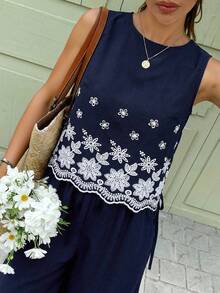 Serisse Women's Floral Embroidery Sleeveless Top And Wide Leg Pants Casual 2 Pieces Set - Navy Blue - View 5