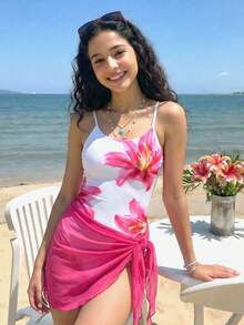SHEIN 少女白色碎花褶皱腰身连体泳衣带裙，休闲沙滩度假泳装套装，春夏款 - 玫紅色 - 查看 3