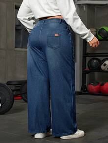 SHEIN FlexDen 大码针织休闲运动直筒牛仔裤 - 深色水洗藍 - 查看 2