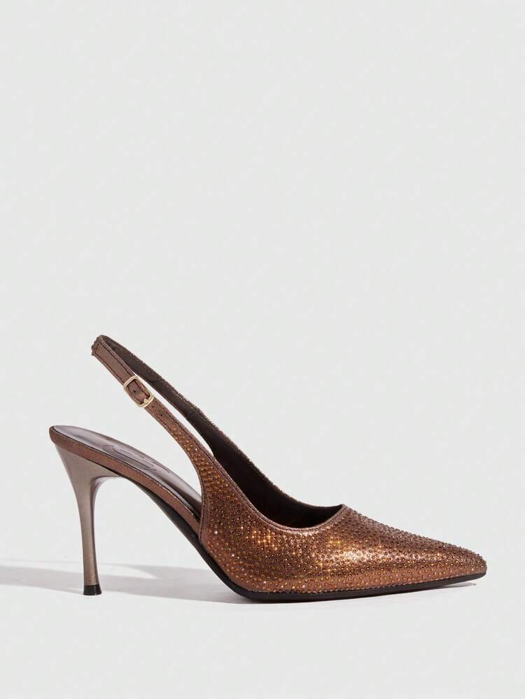 CUCCOO SZL Women Shoes Pointed Stiletto Coffee Brown Rhinestones Gorgeous Sexy Party Banquet Night Club Women's High Heel Shoes Slingback Women's Shoes Spring Shoes