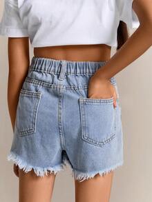 Radiana Tween Girl Elegant Light Washed Distressed Bowknot Denim Jeans Shorts With Pocket Insert, Faux Pearl, And Frayed Hem, For Spring And Summer Vacation Festival - Light Wash - View 2