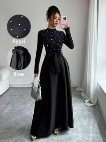 Elenzga Đầm dài tay cổ cao đính ngọc trai thanh lịch, thắt nơ eo cho nữ, thích hợp cho các buổi đi chơi, đi làm, tiệc tùng, ngày lễ, Giáng sinh - màu đen - Xem 1