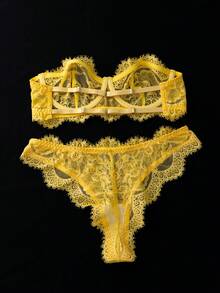 2pcs Women's Everyday Sexy Lace Lingerie Set - Yellow - View 2