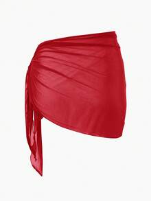 Swim Basics 2026SS New Women's Swimwear Arrival For Holiday, Date, Western, Cruise, Beach, Island, Road Trip, All Seasons, Music Festival, Boho Vacation,Bohemian Vacation, Chill Autumn Boho Y2K Pleated Shorts, Elegant Vintage Casual Women's Solid Color Side Knot Cover-Up & Mini Skirt Set, Vacation Sarong Red Skirt Tie Skirt Swimsuit Skirt Bikini Skirt - Red - View 3