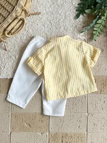 SHEIN Vintaside Kids 男婴休闲条纹polo衫+松紧腰条纹裤两件套，适合生日派对、晚宴、演出、婚礼、婴儿派对等场合。 - 黃色 - 查看 2