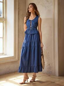 Selenza 女士休闲水洗荷叶边半身裙 - 藍色 - 查看 1