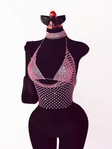 EgrlEra Women's Fashionable Sexy Rhinestone Halter Crop Top Rhinestone Club Outfit Rhinestone Top Sexy Concert Outfit - Baby Pink - View 4
