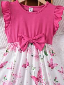 Emery Rose Kids Emery Rose Kids Vestido casual de verano con estampado floral, mangas con volantes y lazo para niña - Rosa Fucsia - Ver 6