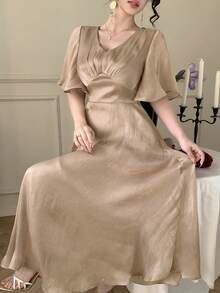 DAZY 优雅V领中长连衣裙，高腰设计，夏季款 - 卡其色 - 查看 7