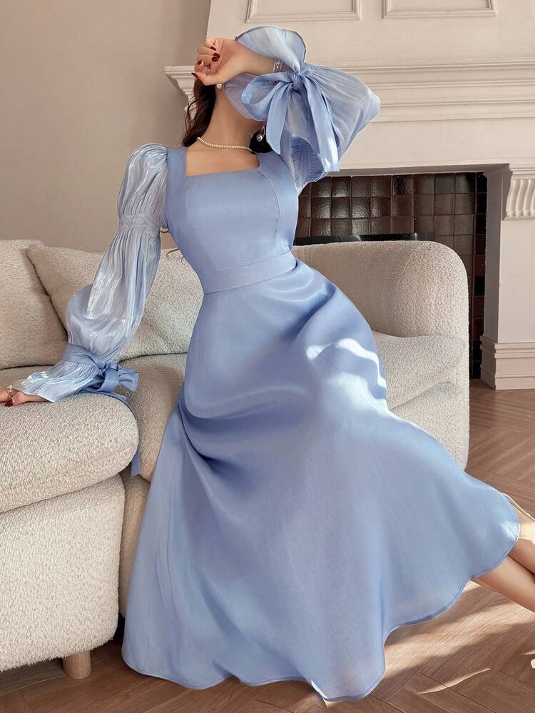 Women's Elegant Colorblock Square Neck Midi Dress, Spring/Summer Wedding Guest Dress Sundress