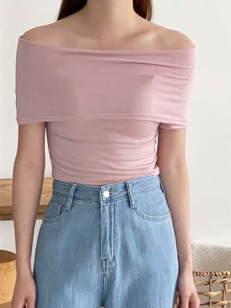 1pc Women's Off-Shoulder Fitted Slim T-Shirt, Gentle Style, Summer