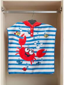 Infant/Toddler Boys' Blue Cartoon Shark Print Hooded Cover Up Towel, Swimwear Cover-Up, Bathrobe, Beach Wrap, Suitable For Swimming, Bath Toddler Beach Cover Up 24 Month Boy Hooded Cover Up Toddler Hooded Cover Up Baby Beach Poncho Crab Design Towel Striped Swim Coverup - Multicolor - View 3