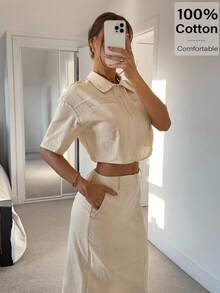 Siren Gaze 女士纯色休闲短袖拉链领口袋衬衫和裙子两件套夏季 - 杏色 - 查看 5