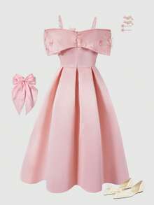 Blush Pink Summer Elegant Cocktail Off-Shoulder Embroidered Mesh Asymmetric High Low Dress For Tween Girls,Suitable For Parties And Outings - Pink - View 2