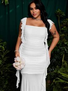 Roveilla Đầm hai dây màu trắng thanh lịch dành cho nữ, chất liệu lưới, có eo thắt, dáng đuôi cá, thích hợp cho kỳ nghỉ hè ở bãi biển. - trắng - Xem 5