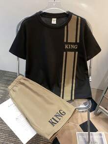 SHEIN 2件套儿童/青少年男童休闲条纹印花圆领短袖T恤和短裤套装，适合夏季、通勤、上学、日常休闲、运动、春夏穿着。 - 黑色 - 查看 4