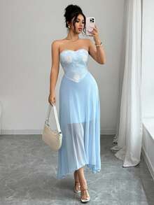 Modelyn 女士优雅刺绣网纱连衣裙，适合派对和聚会 - 藍色 - 查看 5