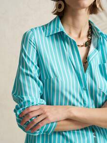 Airaco 女士常规肩长袖条纹前开襟简约衬衫 - 綠色 - 查看 1