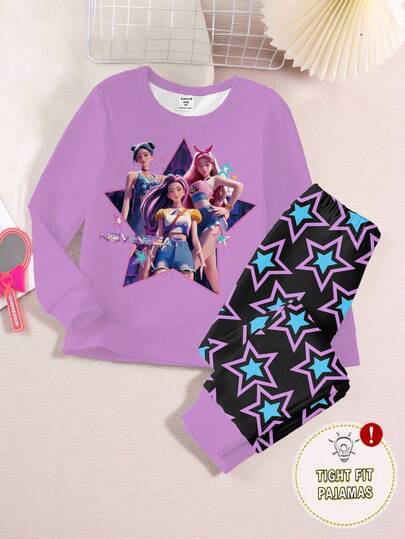 2pcs Girls Cartoon Girl Print Purple Round Neck Top And All-Over Star Print Black Leggings Set, Knitted Stretchy Fabric, Cute & Cool Style, Homewear