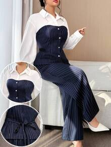Modelyn Plus Size Women's Spring/Autumn Casual/Office Commute Striped Patchwork Shirt And Wide Leg Pants 2 Pieces Set Women Suit Sets - Multicolor - View 8