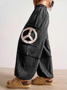 Bohemela Pantalones holgados de punto con cordón, unicolor, con bordado de signo de paz, estilo bohemio casual de vacaciones para mujeres - Negro - Ver 3