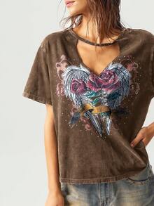 Bohemela 休闲纯色V领短袖宽松水洗女式T恤 - 棕色 - 查看 5