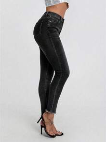 SHEIN Essnce Quần jeans nữ dáng ôm, kiểu dáng thường ngày, có túi xéo, gấu quần rách. - Màu xám đen - Xem 2