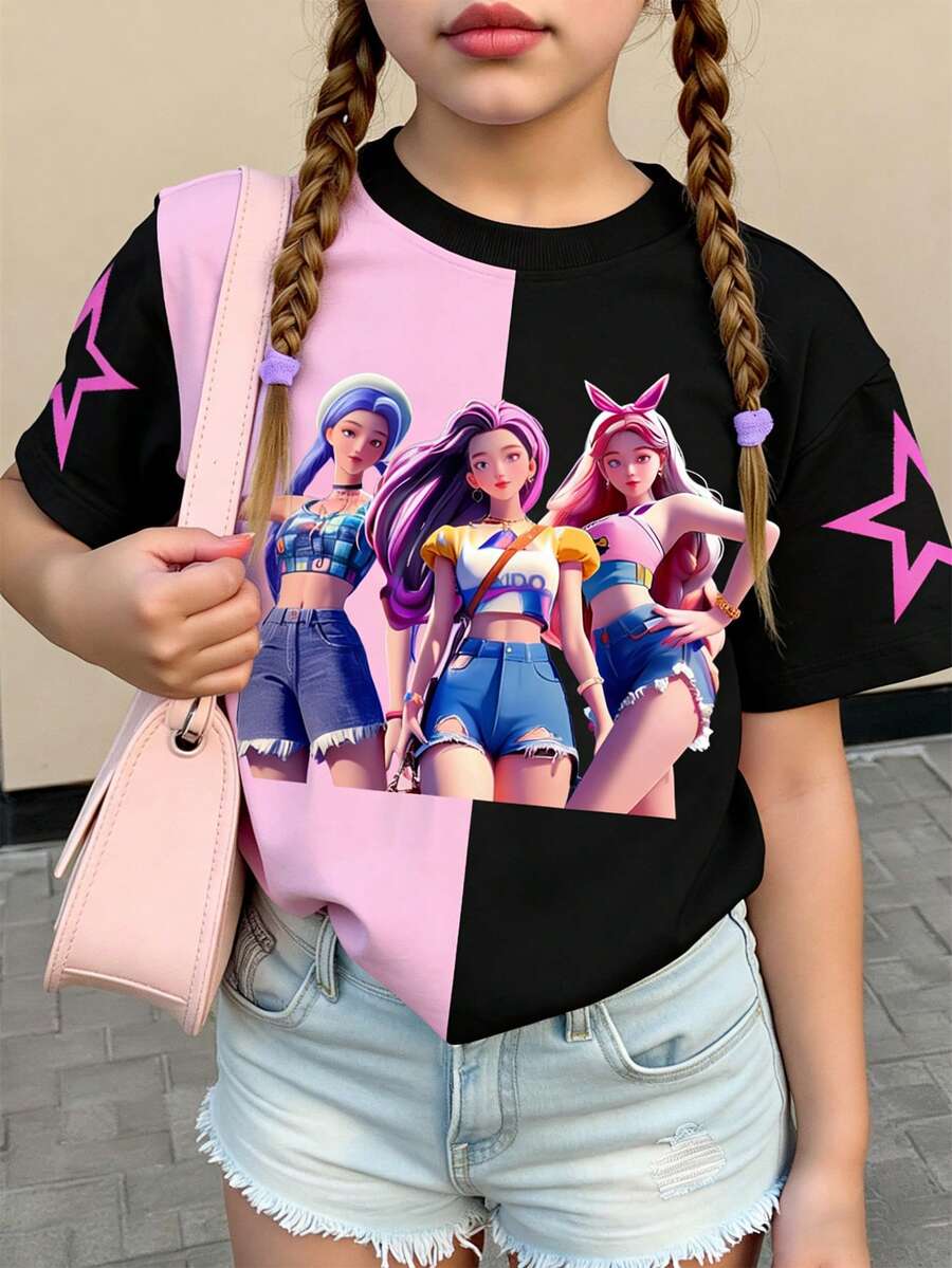 Unga flickor casual fashionabel cool K-POP tjej svart & rosa färgblock kortärmad rund hals t-shirt, 3 flickor tryckt ärm & pentagramtryck personlig söt mångsidig utomhustopp - Multifärgad - Visa 1
