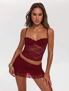 SHEIN BAE 蕾丝喇叭迷你裙，饰有蝴蝶结，适合音乐节派对、街头风、日常穿着、性感造型、节日、锐舞派对、毕业典礼等场合。 - 酒紅色 - 查看 5