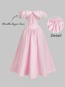 SHEIN MOD 女士露肩蕾丝拼接粉色浪漫连衣裙 - 粉色 - 查看 3