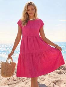 EMERY ROSE Women's Spring/Summer Solid Ruffle Hem Round Neck Short-Sleeve Dress,Bohemia - Hot Pink - View 3