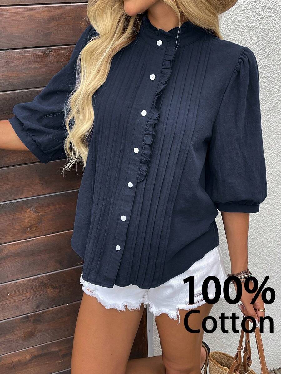 EMERY ROSE Plus Size Pleated Front Button Casual Versatile Shirt For Summer/ Vacation Beach Holiday Casual Going Out Tops Button Up Top - Navy Blue - View 1