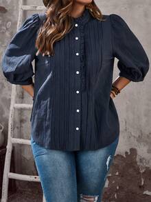 EMERY ROSE Plus Size Pleated Front Button Casual Versatile Shirt For Summer/ Vacation Beach Holiday Casual Going Out Tops Button Up Top - Navy Blue - View 9