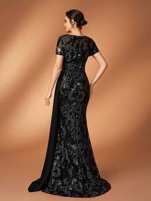 优雅奢华的珍珠串珠刺绣蕾丝拼接弹力亮片薄纱袖美人鱼连衣裙，适合婚礼、派对、度假、舞会、节日、新娘、新娘母亲、晚礼服等场合。 - 黑色 - 查看 3