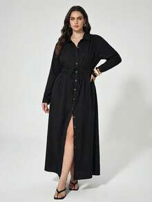 Maija Plus Size Women's Black Long Sleeve Shirt Dress,Autumn Smart Casual Button Up Maxi Dress,Elegant Fashionable Vacation Outfit,Spring Simple Daily Wear - Black - View 1