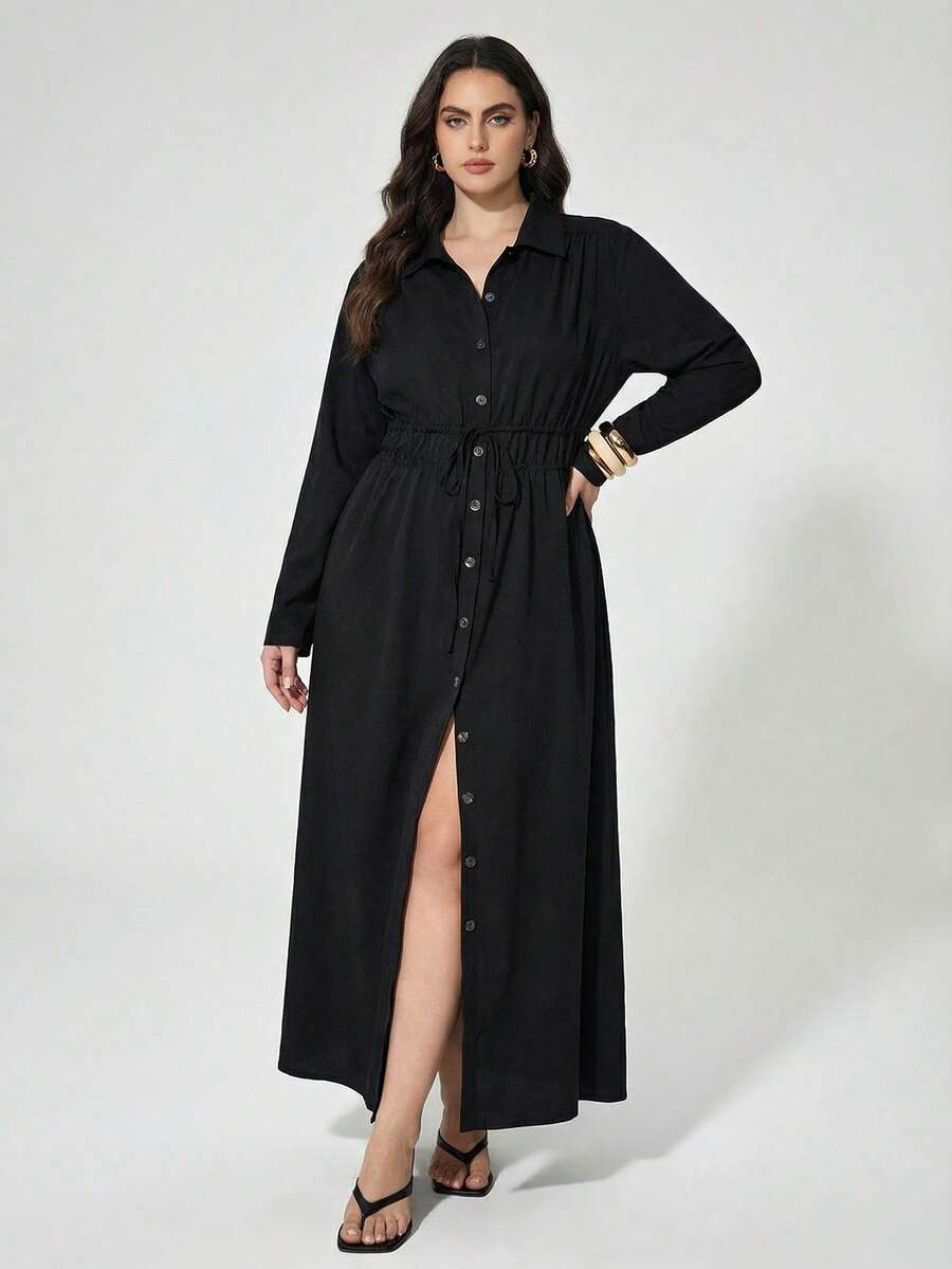 Maija Plus Size Women's Black Long Sleeve Shirt Dress,Autumn Smart Casual Button Up Maxi Dress,Elegant Fashionable Vacation Outfit,Spring Simple Daily Wear - Black - View 1